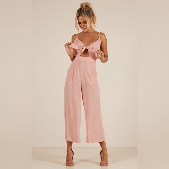 Showpo. Renewed Cut Out Tie Front Linen Look Jumpsuit in Pink Linen Look - Picture 3 of 12